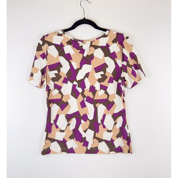 St John Womens Top Beige Abstract Short Sleeve Stretch Blouse Casual Size Small - Picture 2 of 11